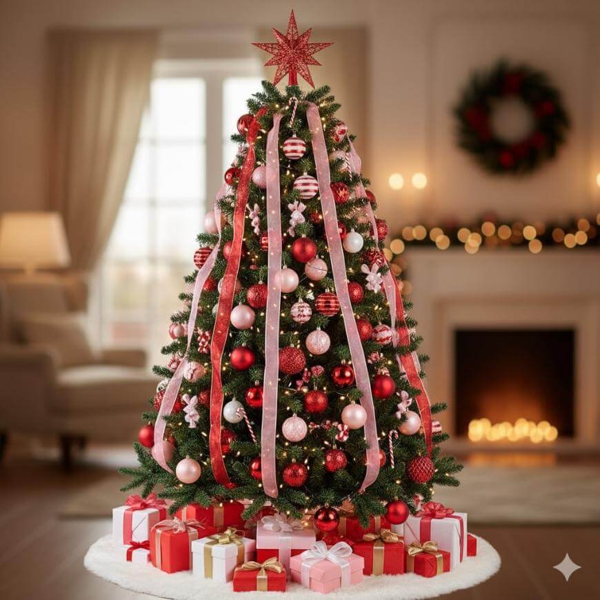 A decorated Christmas tree with red and pink ornaments, ribbon, and a star topper stands in a cozy living room. Wrapped gifts are placed around the base, with a fireplace and wreath in the background.