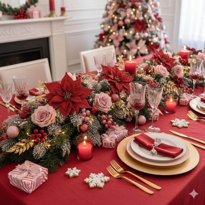 A festive dining table with a red tablecloth, gold cutlery, crystal glasses, and a lush centerpiece of poinsettias, pink roses, greenery, and candles. A decorated Christmas tree and fireplace are in the background.