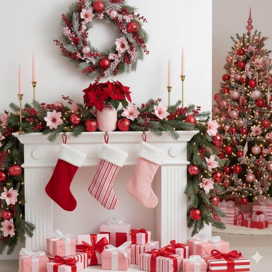 A festive living room features a decorated Christmas tree, a white mantel with three stockings, a wreath, candles, poinsettias, and pink and red wrapped gifts arranged neatly below.
