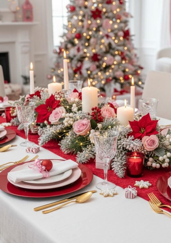 A festive dining table is set with red and white decorations, gold cutlery, crystal glasses, and candles. Floral arrangements and ornaments line the center. In the background, a decorated Christmas tree glows with lights.