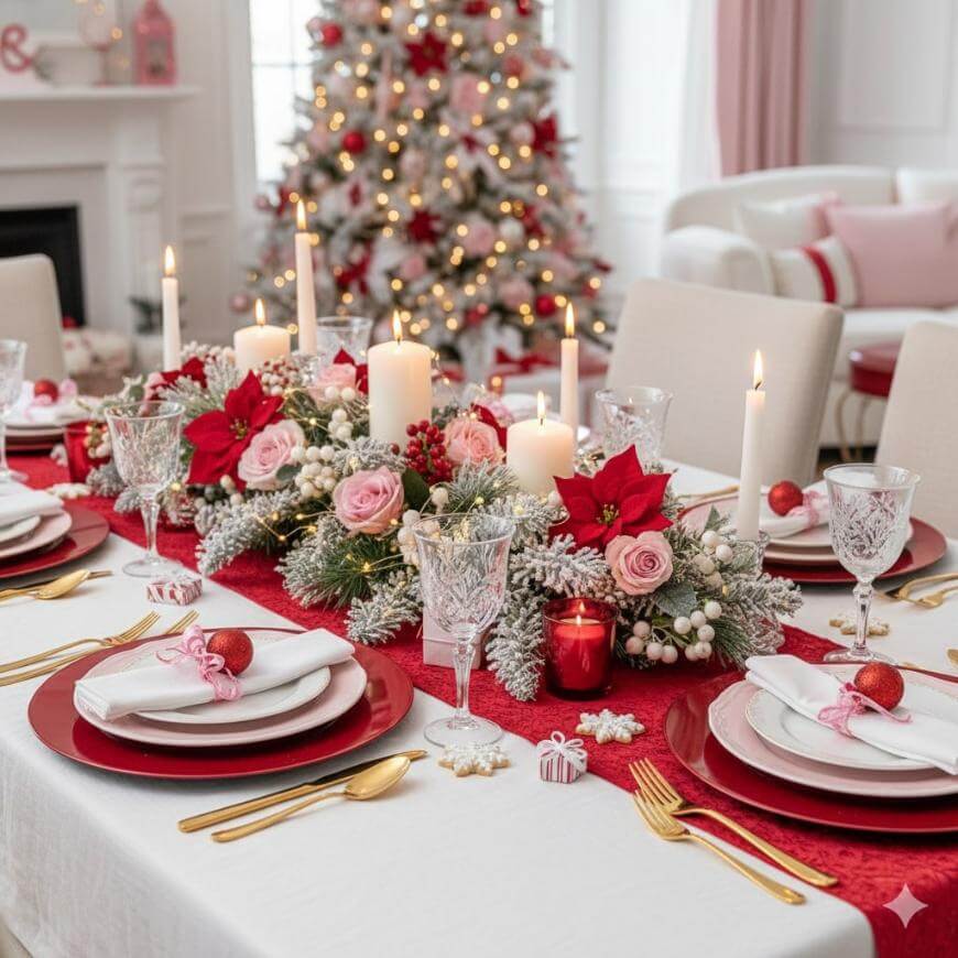 Elegant Christmas dining table with red and white decor, gold cutlery, crystal glasses, and festive centerpieces of candles, poinsettias, and pine. A decorated Christmas tree and fireplace are in the background.