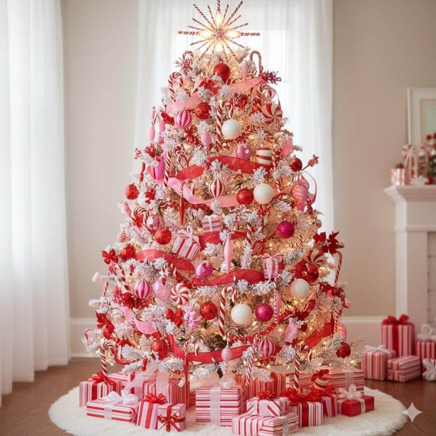 A Christmas tree decorated with red, pink, and white ornaments, ribbons, and candy-themed decorations. Wrapped presents in matching colors are arranged around the base in a bright, cozy room with white curtains.