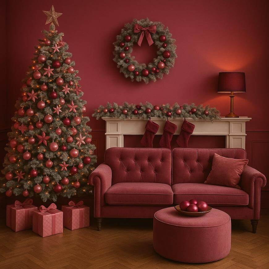 A living room decorated for Christmas in shades of red, featuring a tree with red ornaments, a wreath, stockings on a mantel, a red sofa, an ottoman, wrapped gifts, and a lamp, all in a cozy, festive setting.