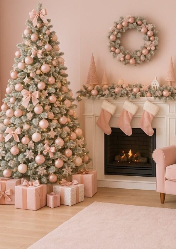 A Christmas living room decor in soft pink tones features a snowy tree with pink ornaments and bows, a wreath, garland, stockings on the mantel, pastel gifts, and a cozy armchair by a lit fireplace.