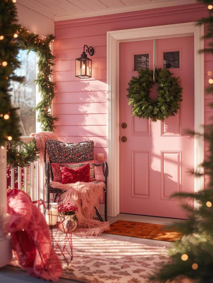 A cozy pink porch decorated for the holidays with a green wreath on the door, garlands, a floral chair with cushions and a throw, fairy lights, and a lit lantern, creating a warm, festive atmosphere.