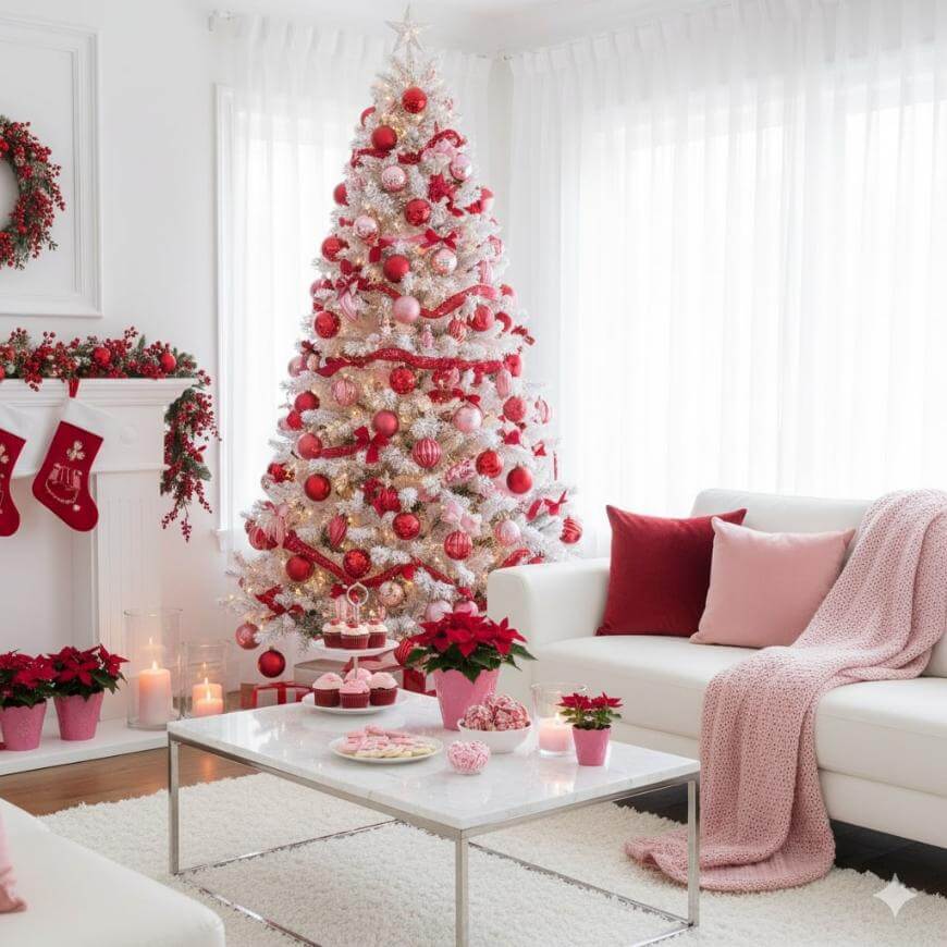 A white and pink Christmas living room features a decorated tree with red and pink ornaments, a wreath, stockings on the mantel, candles, poinsettias, and cozy white and pink furniture with festive treats on the coffee table.