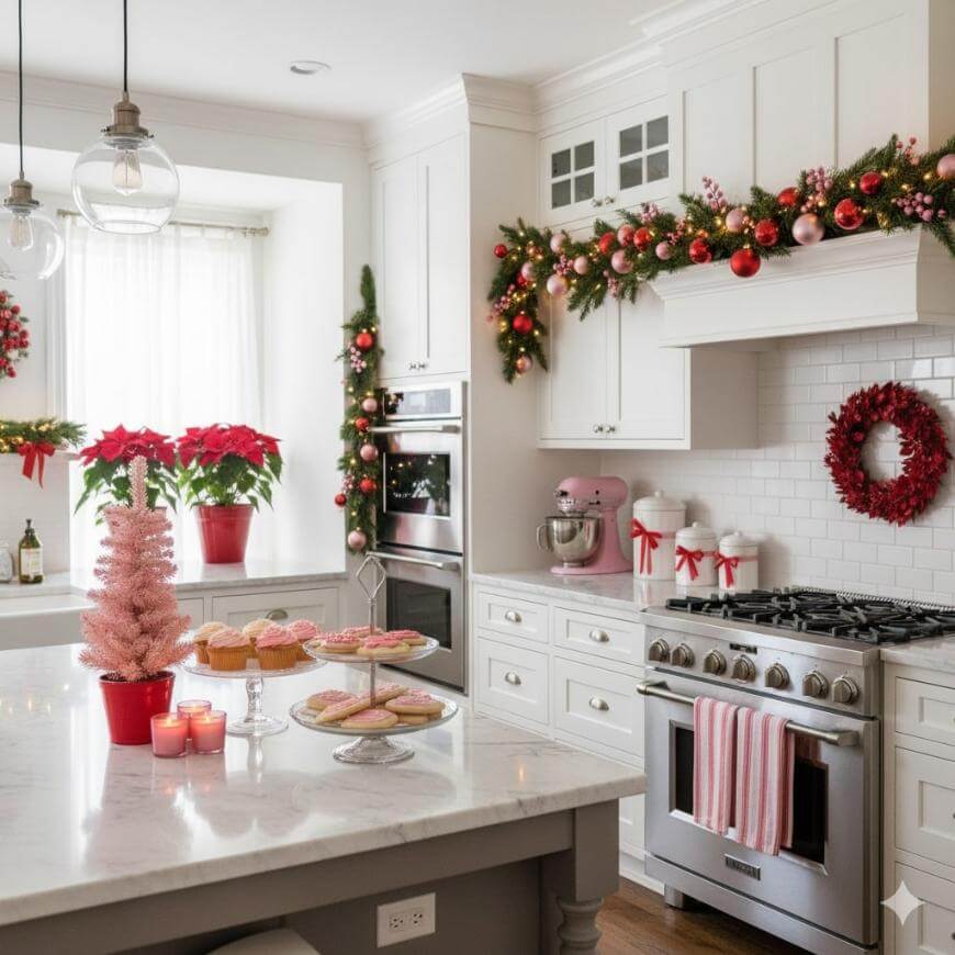 Bright kitchen decorated for Christmas with garlands, red ornaments, and a wreath. Pink cookies and candles are on a marble island. Red poinsettias and festive touches fill the white, modern space.