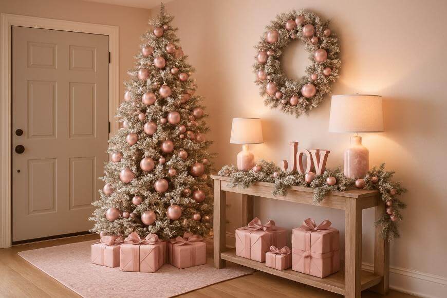 A living room decorated for Christmas with a flocked tree, pink ornaments, and pink-wrapped gifts. A matching wreath, two lamps, and a “JOY” sign sit on a wooden table against a light-colored wall.