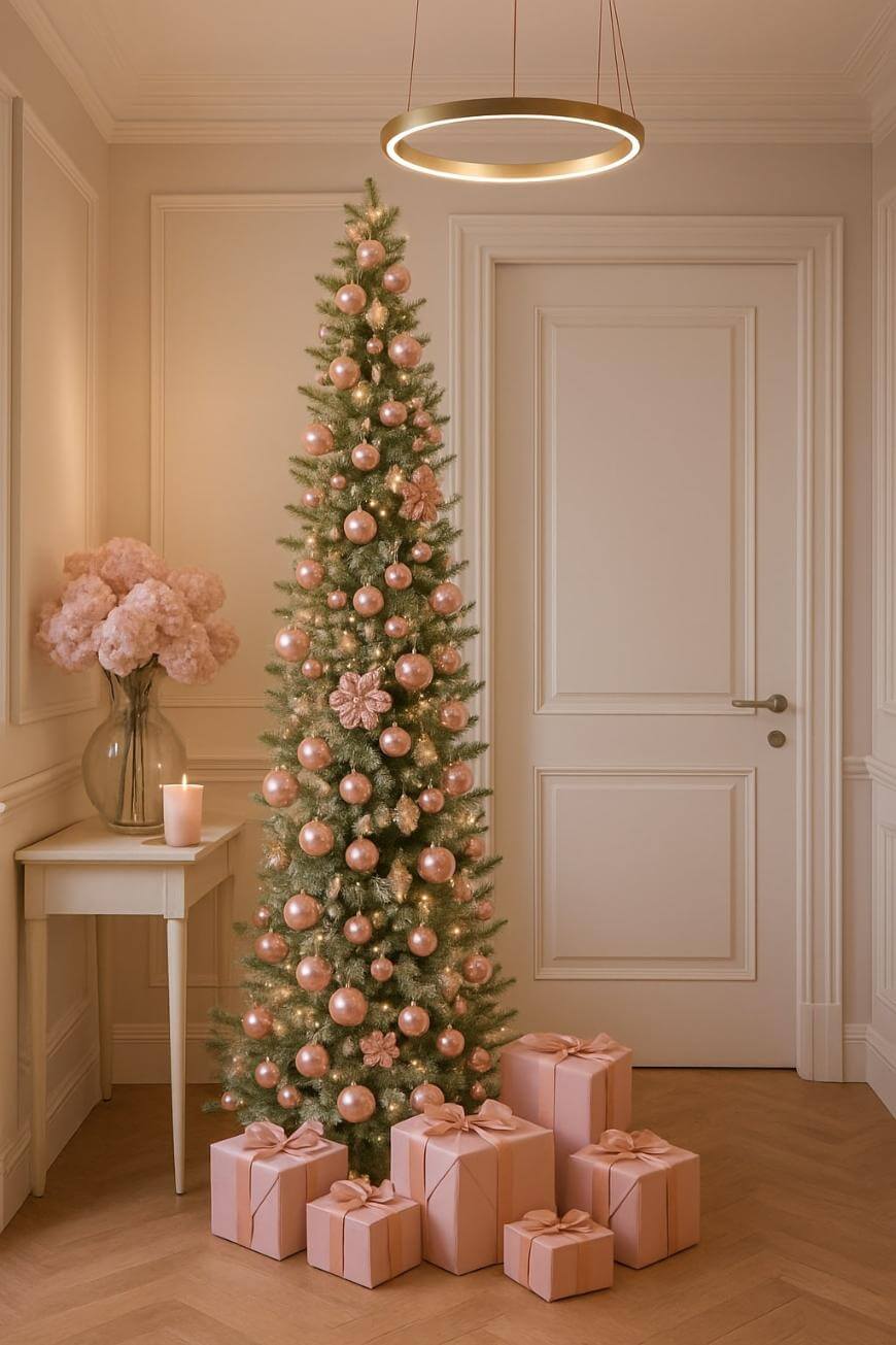 A tall, slim Christmas tree decorated with pink ornaments stands beside a white table with pink flowers and a candle. Pink gift boxes with bows are arranged at the base, in a softly lit, elegant room.