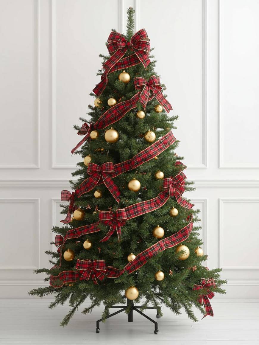 A Christmas tree decorated with gold ornaments and red plaid ribbon, topped with a large matching bow, stands against a white paneled wall on a black metal stand.