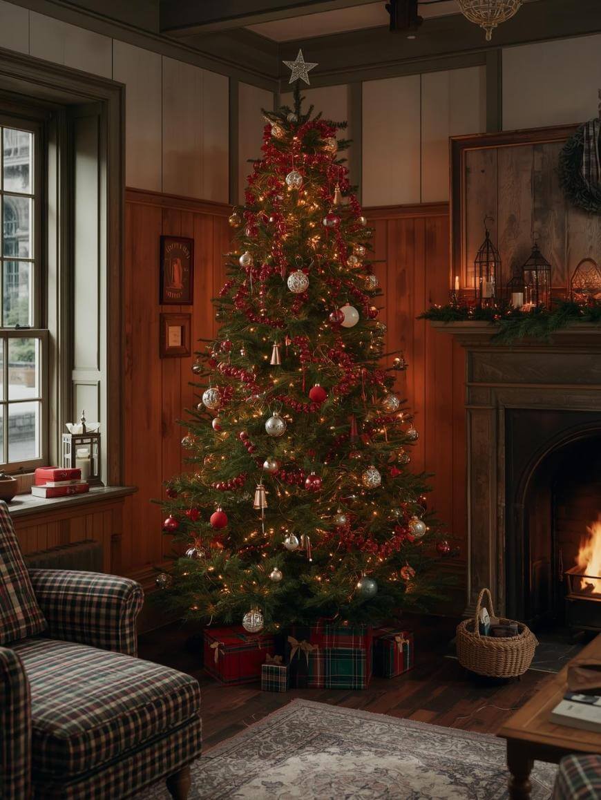 A decorated Christmas tree with red and gold ornaments and lights stands in a cozy living room by a lit fireplace. Wrapped gifts are under the tree, and plaid furniture is nearby. Warm light creates a festive, inviting atmosphere.