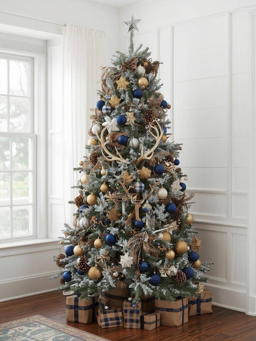 A Christmas tree decorated with blue, gold, and white ornaments, pine cones, ribbon, and a star topper stands in a bright room. Wrapped presents in blue and gold patterns are arranged underneath the tree.