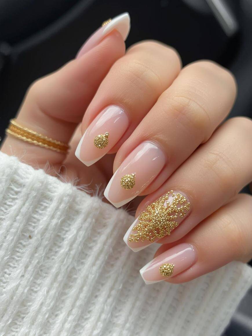 A hand with almond-shaped French tip nails features gold bead accents, including a heart shape on the ring finger and clustered gold beads on the pinky. The person wears a white sweater and gold ring.