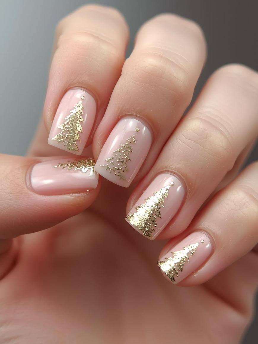 A hand with nude-colored nails featuring gold glitter designs shaped like Christmas trees on each nail. The nails are neatly manicured with a glossy finish.