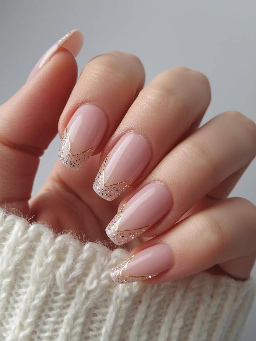 A hand with manicured nails painted in a soft pink shade, featuring gold glitter tips and V-shaped accents. The person is wearing a white knitted sweater. The background is plain and light-colored.