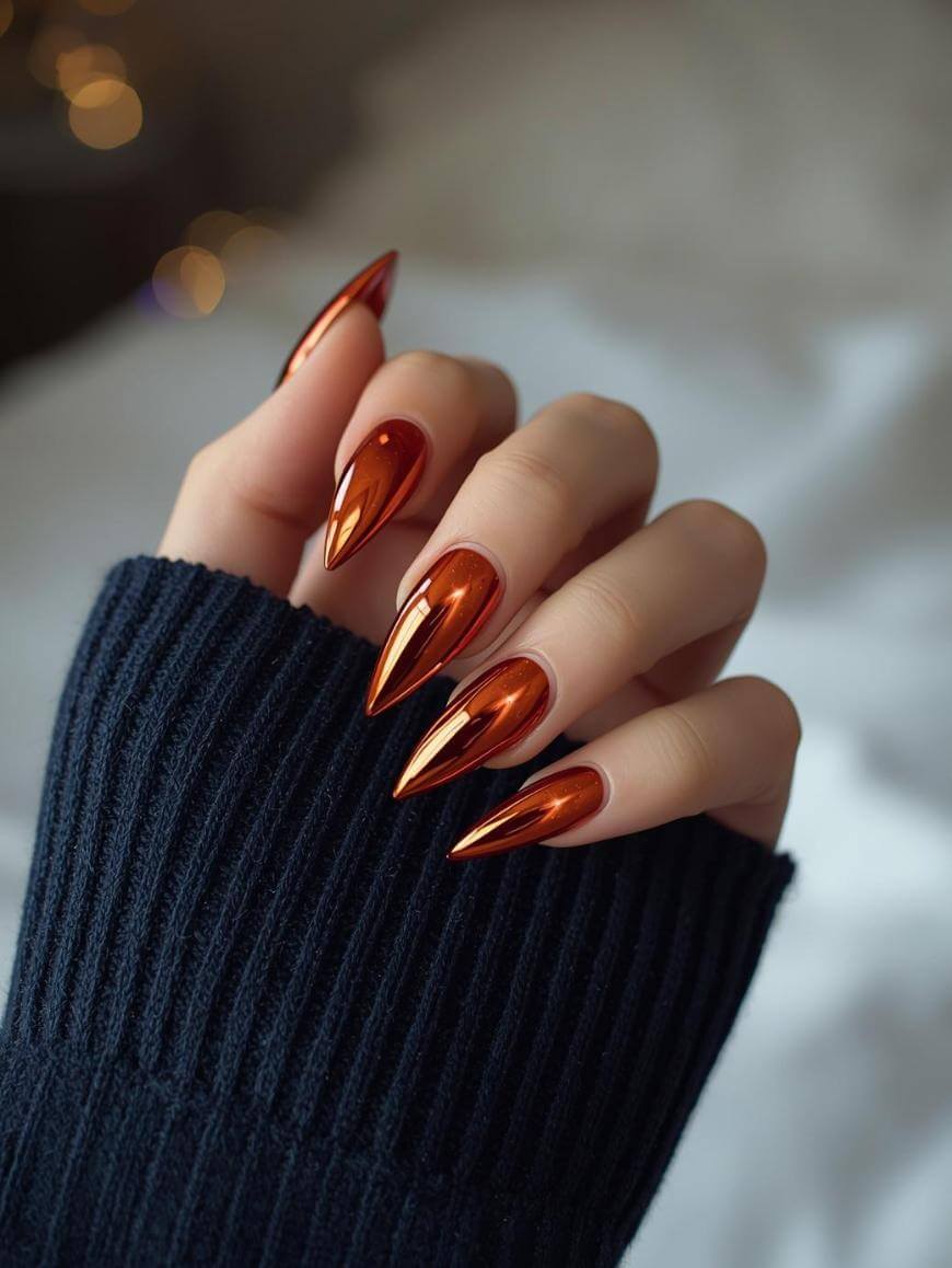 A hand with long, pointed, metallic copper nails is shown against a blurred background. The person is wearing a dark ribbed sweater with the sleeve partially covering their hand.