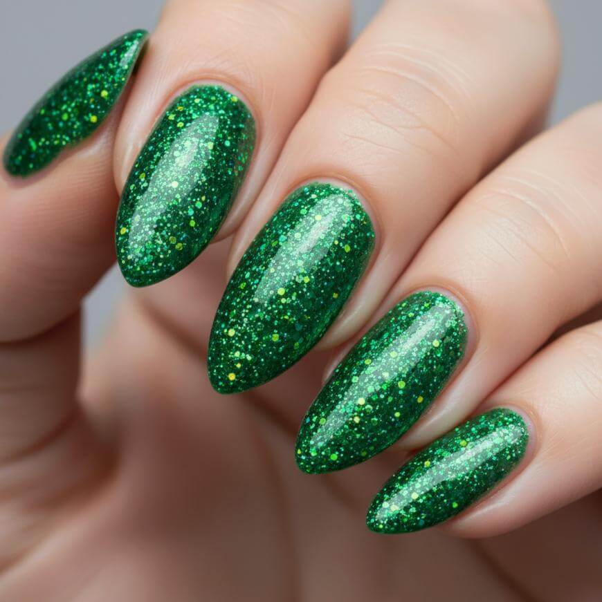 A hand with long, almond-shaped nails painted with sparkling green glitter nail polish.