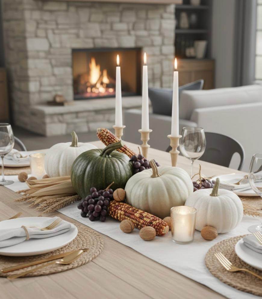 A dining table set for autumn with white and green pumpkins, decorative corn, grapes, nuts, candles, and candlesticks as a centerpiece. A fireplace with a lit fire is in the background.