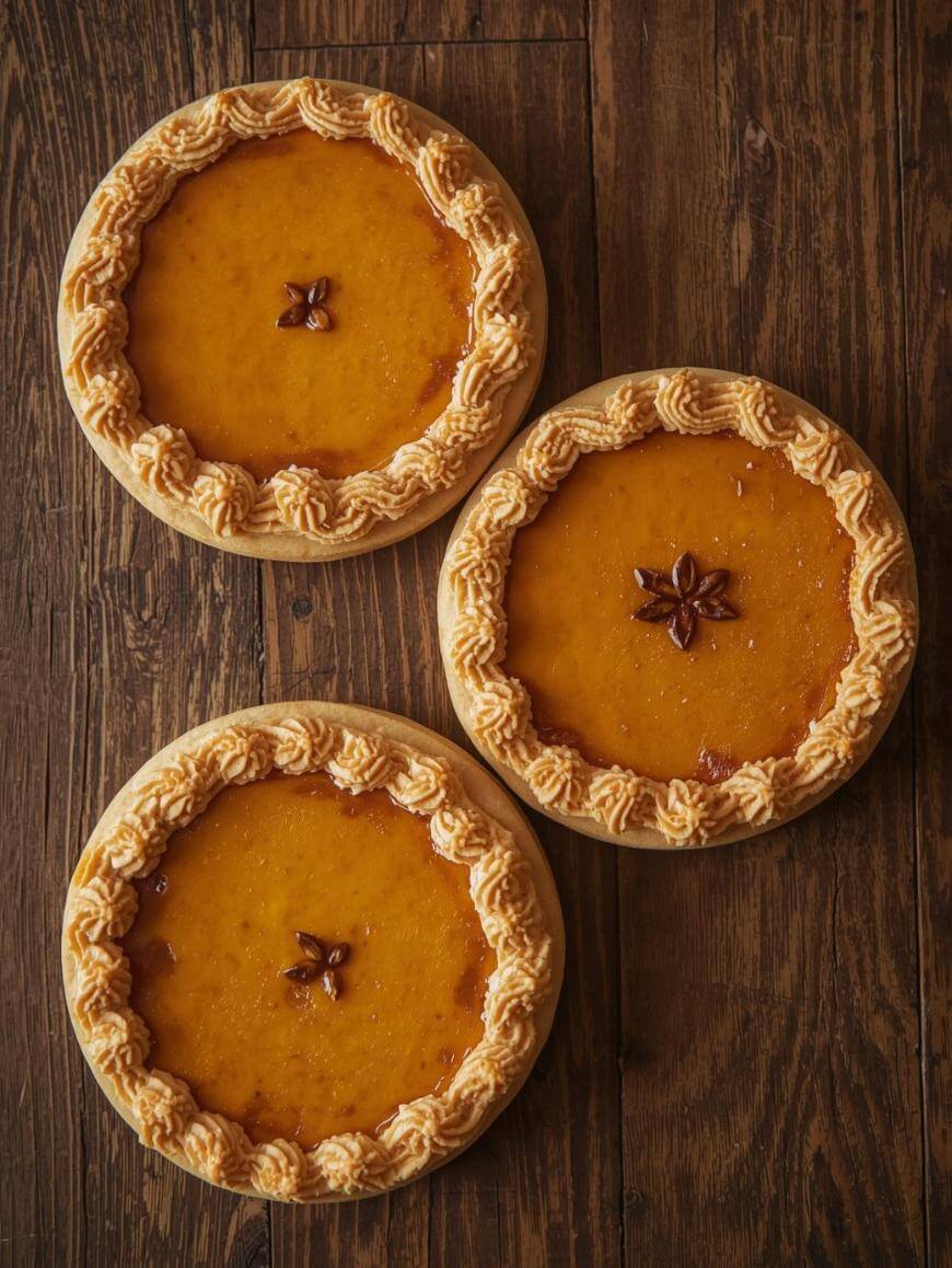 Three pumpkin pies with decorative whipped cream borders and star-shaped designs in the center, arranged on a wooden surface.