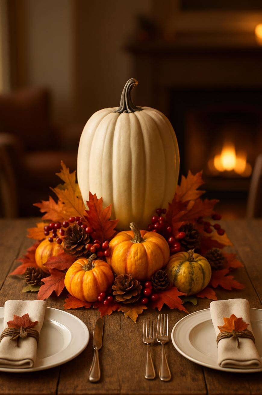 A wooden dining table set with plates, cutlery, and napkins, featuring a fall-themed centerpiece of white and orange pumpkins, pinecones, red berries, and autumn leaves, with a fireplace glowing softly in the background.