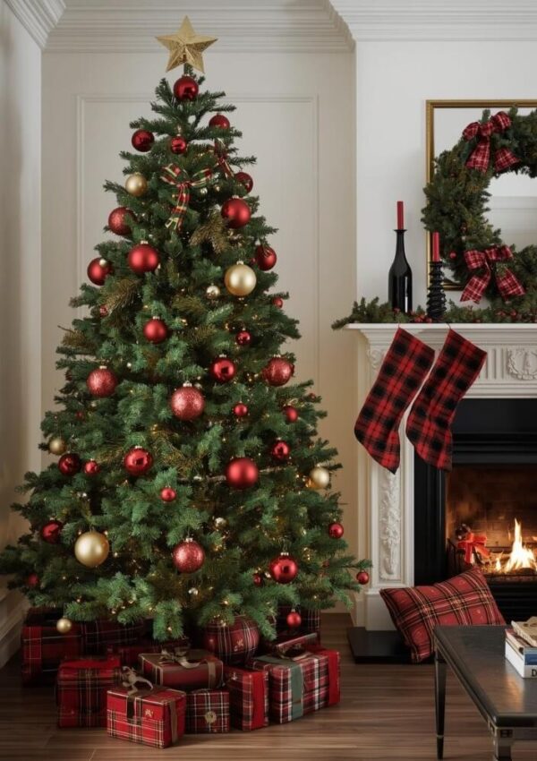 A decorated Christmas tree with red and gold ornaments stands beside a fireplace. Plaid-wrapped gifts are under the tree. Stockings and a wreath hang on the mantel above a lit fire. The scene feels warm and festive.