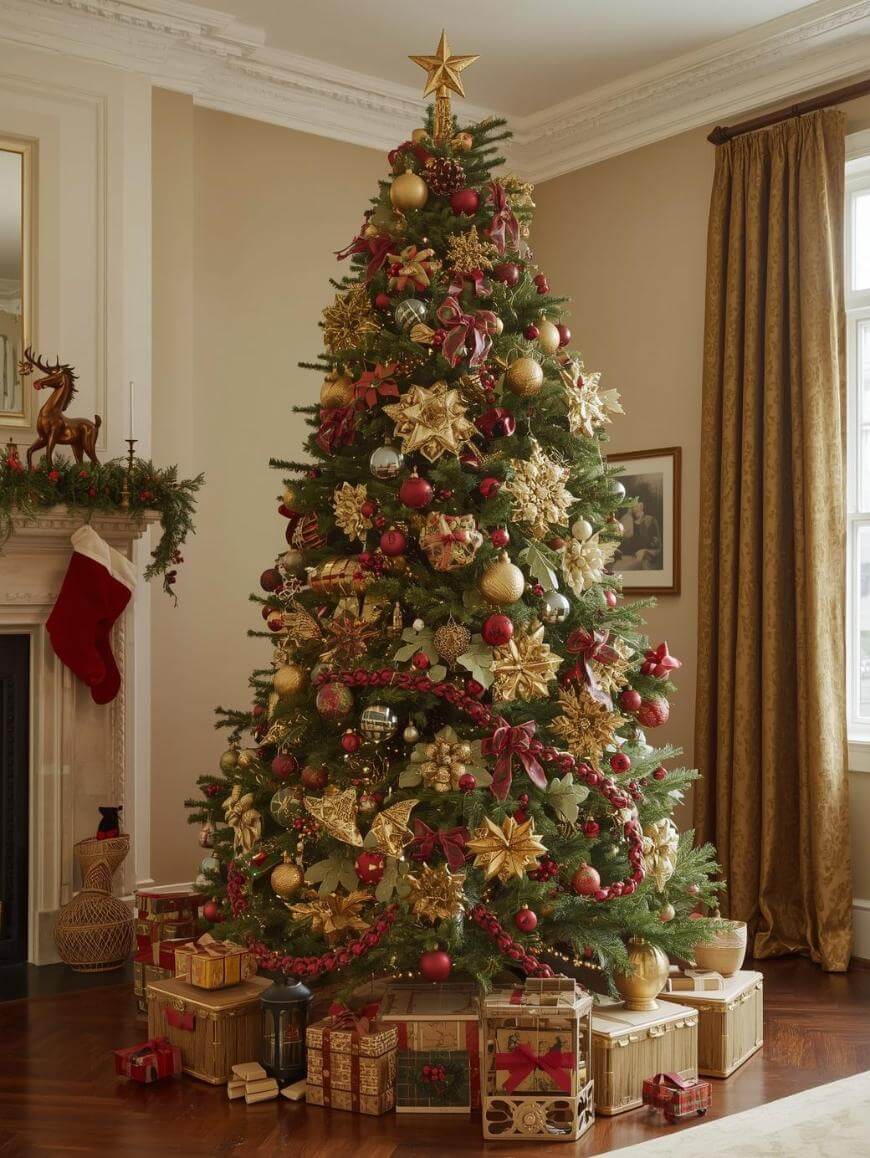 A decorated Christmas tree with red and gold ornaments and ribbon, topped with a star, stands in a cozy living room. Wrapped presents are arranged underneath, and a fireplace with a red stocking is visible to the left.