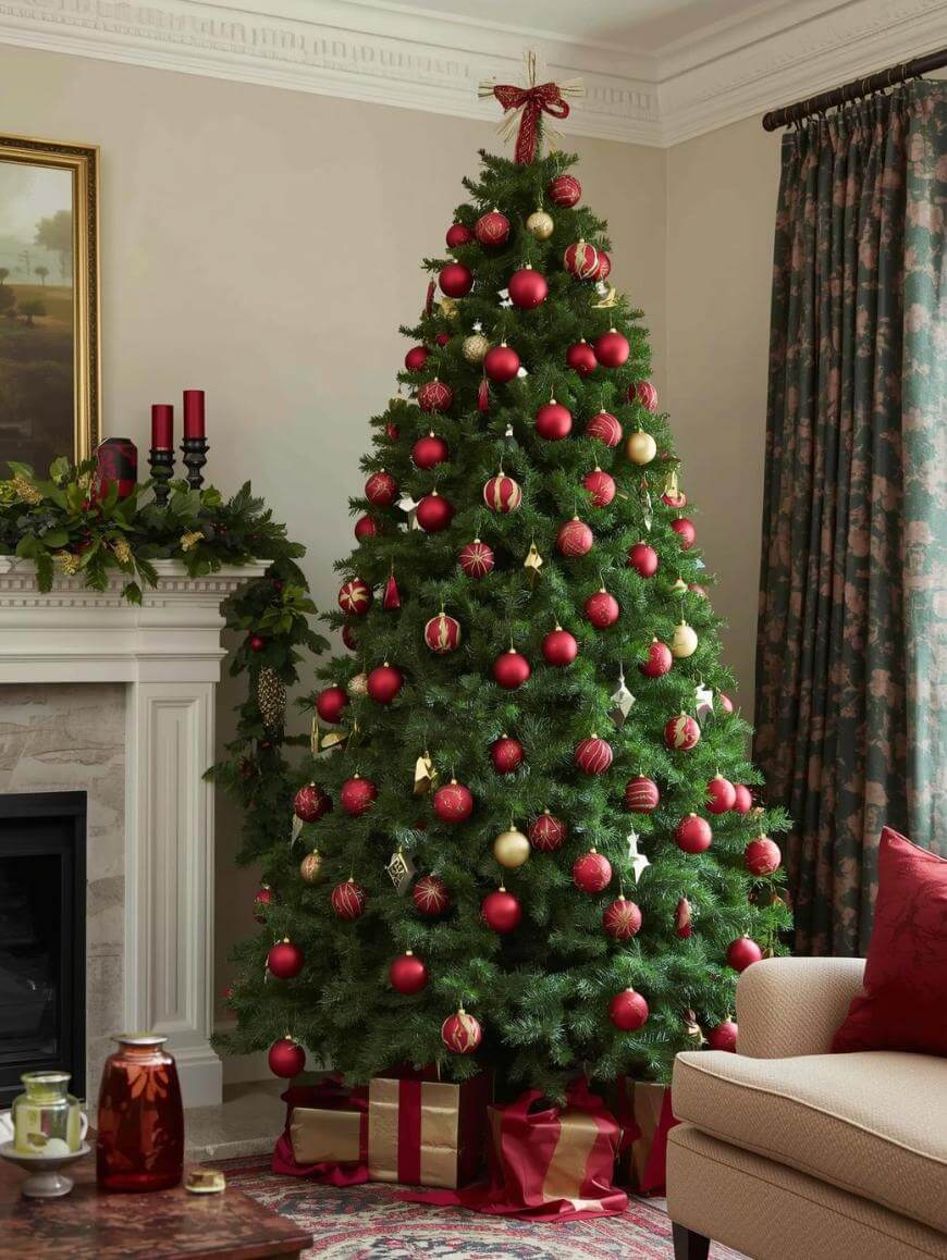A decorated Christmas tree with red and gold ornaments stands next to a fireplace and wrapped gifts in a cozy living room with patterned curtains and holiday decorations.