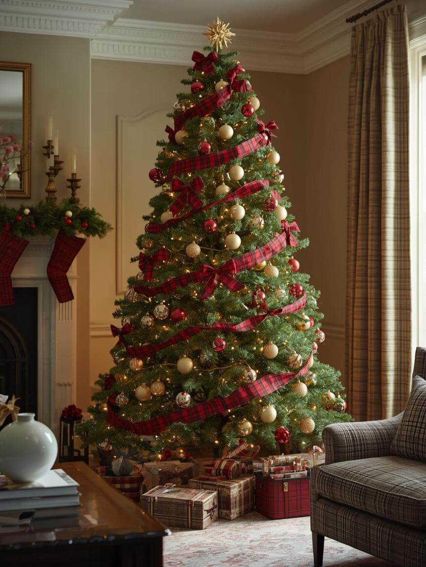 A decorated Christmas tree with red and gold ornaments, plaid ribbon, and a gold star topper stands in a cozy living room with wrapped gifts underneath, near a fireplace and an armchair.