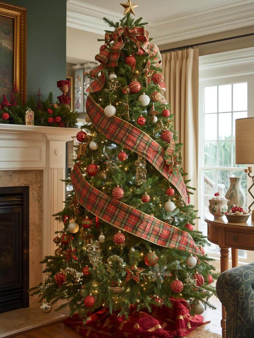A decorated Christmas tree stands in a cozy living room, adorned with red and gold ornaments, plaid ribbon, and white lights. Wrapped presents sit beneath the tree, and sunlight streams through large windows in the background.