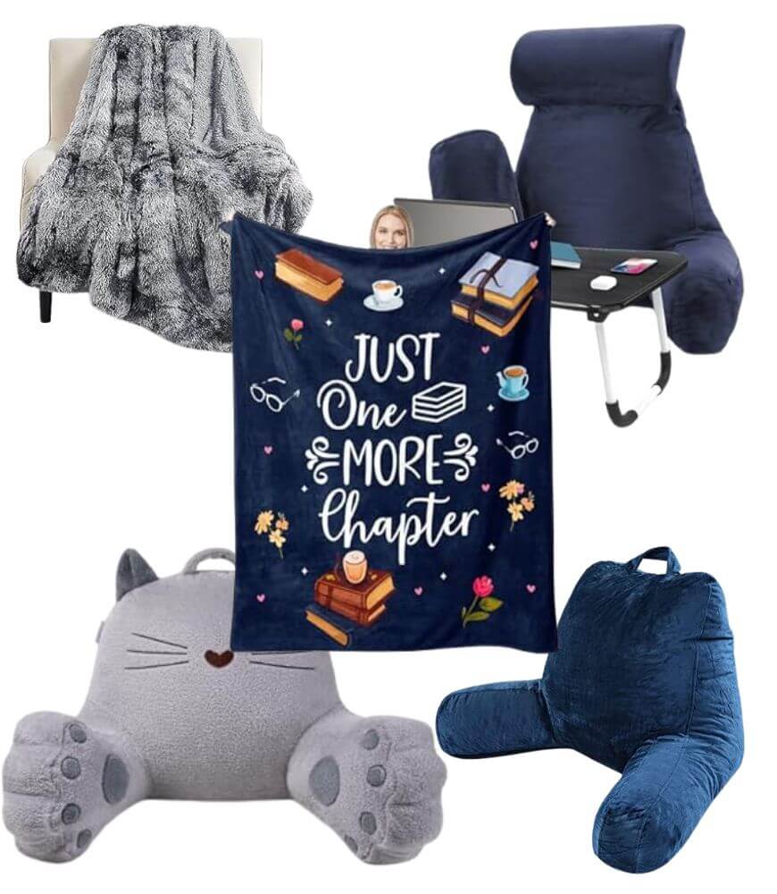 A collage of cozy reading accessories, including a faux fur blanket, a navy blue reading pillow with headrest, a lap desk, a blanket with Just One More Chapter text, a plush cat pillow, and a blue pillow with arms.