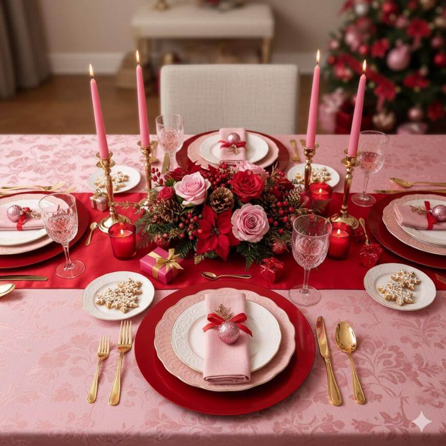 A festive holiday dining table is set with pink and red candles, gold cutlery, pink napkins, and floral centerpieces. Plates are arranged neatly, and a decorated Christmas tree is visible in the background.