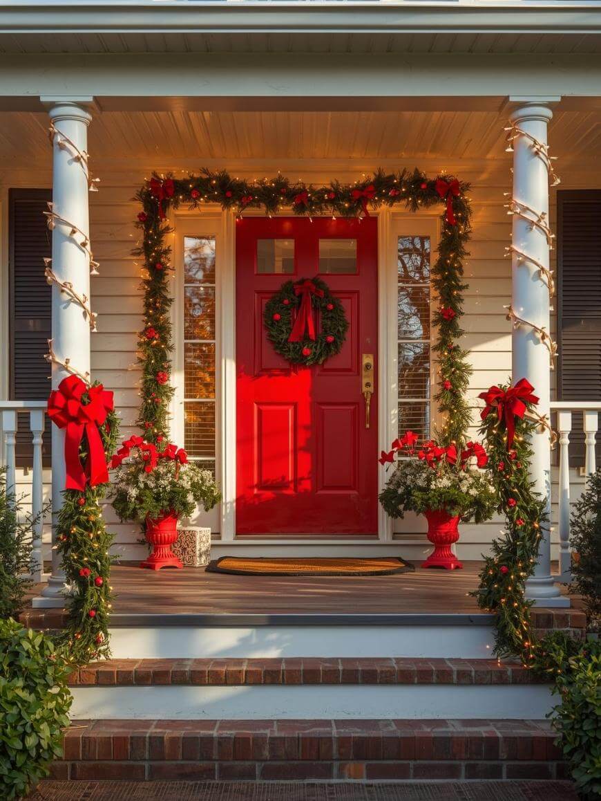 A festive front porch decorated for Christmas with a bright red door, a holiday wreath, garlands with red bows, potted plants, and string lights wrapped around the columns.