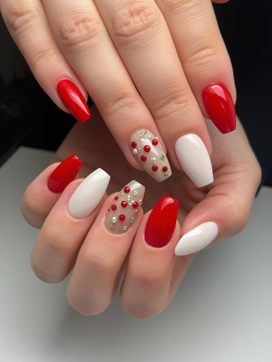 A close-up of hands with manicured nails in red, white, and nude polish. Accent nails feature red and green dots and small gems, creating a festive, holiday-inspired design.