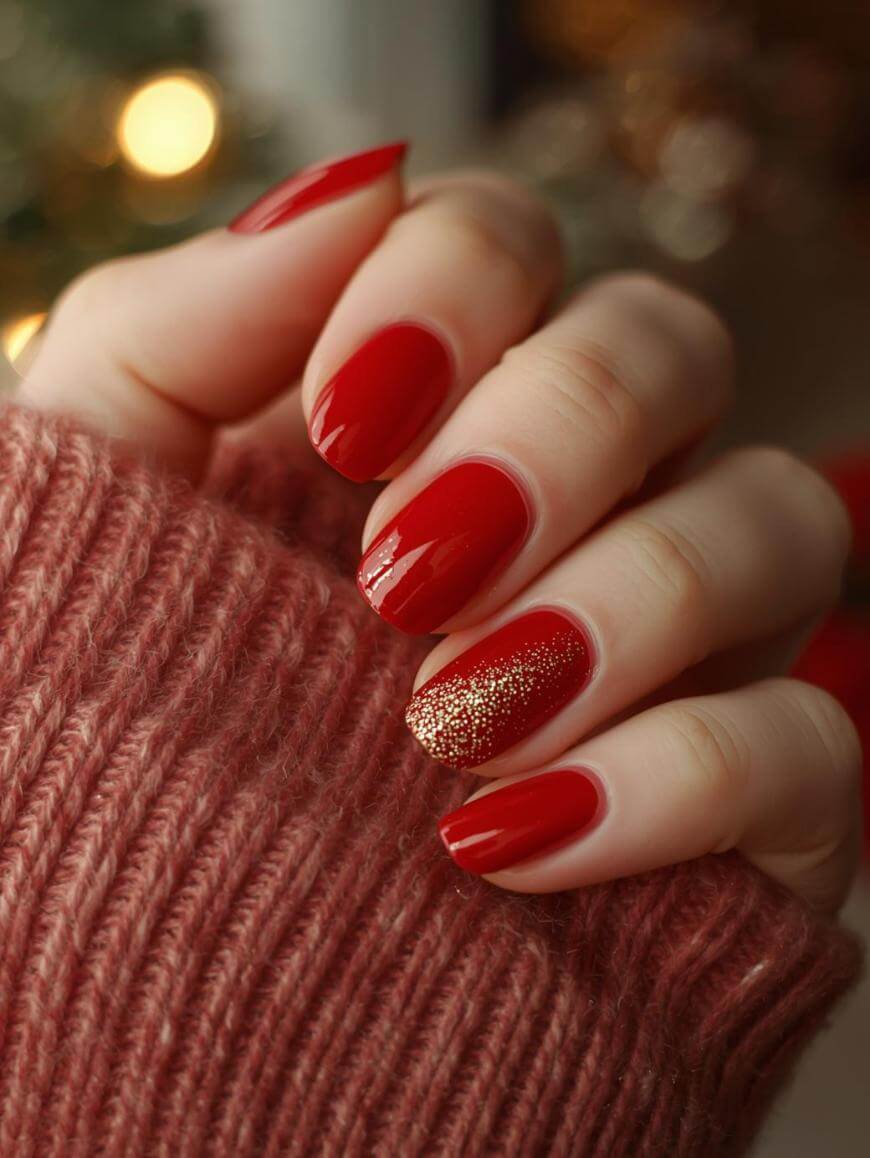 A close-up of a hand with glossy red nail polish; the ring finger features gold glitter. The hand is partially covered by a cozy, textured pinkish-brown sweater.