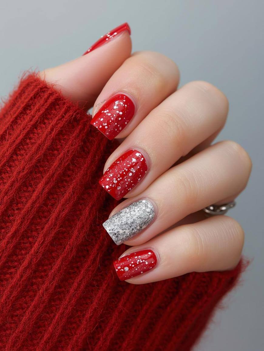 A hand with square-shaped nails painted red with white speckles, except the ring finger, which is painted silver glitter. The person is wearing a red sweater.