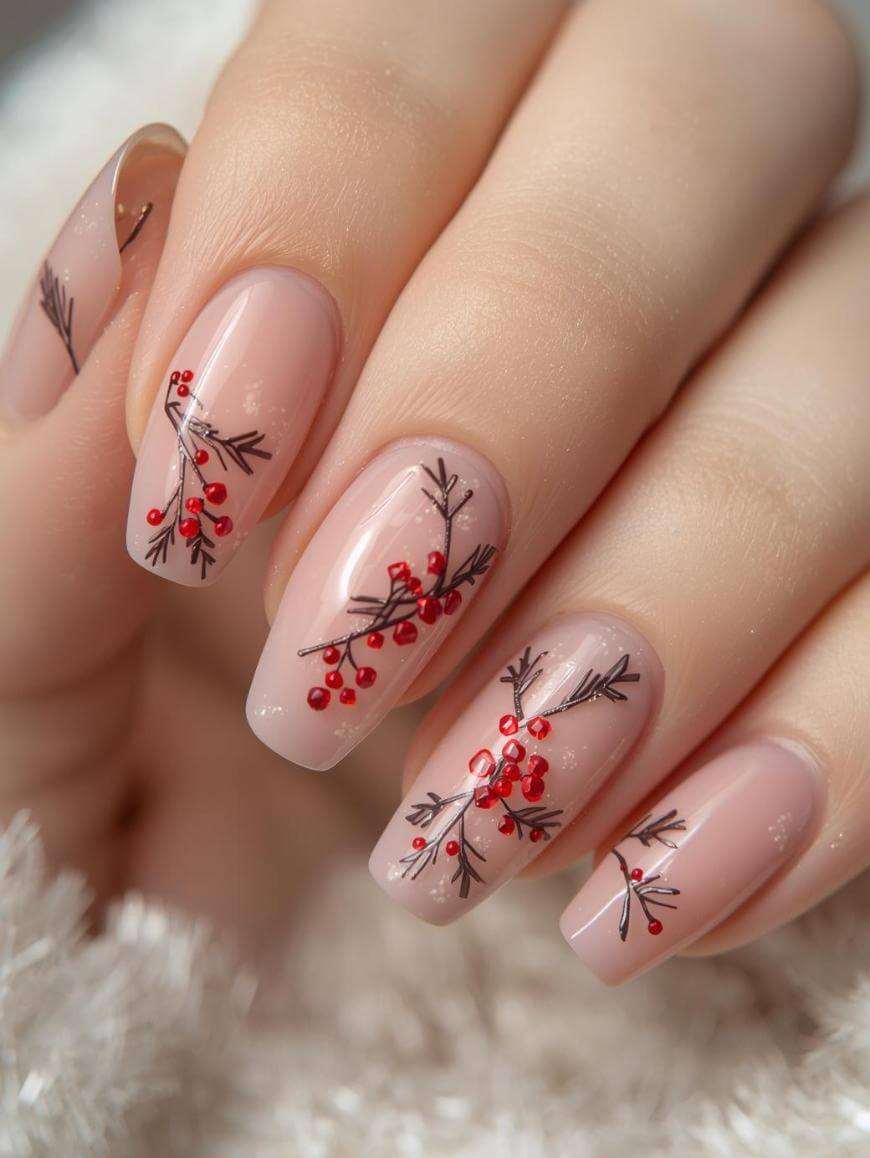 Close-up of a hand with long, almond-shaped nails painted nude and decorated with delicate black branches and small red berries, creating a festive, nature-inspired nail art design.