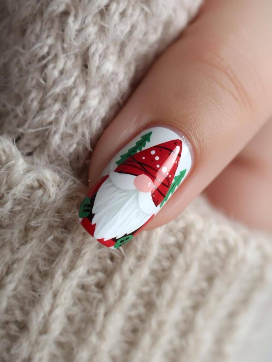 Close-up of a fingernail with festive nail art featuring a Christmas gnome in a red hat, white beard, and a pink nose, set against a white background with green leaves. Cozy knitted fabric is in the background.