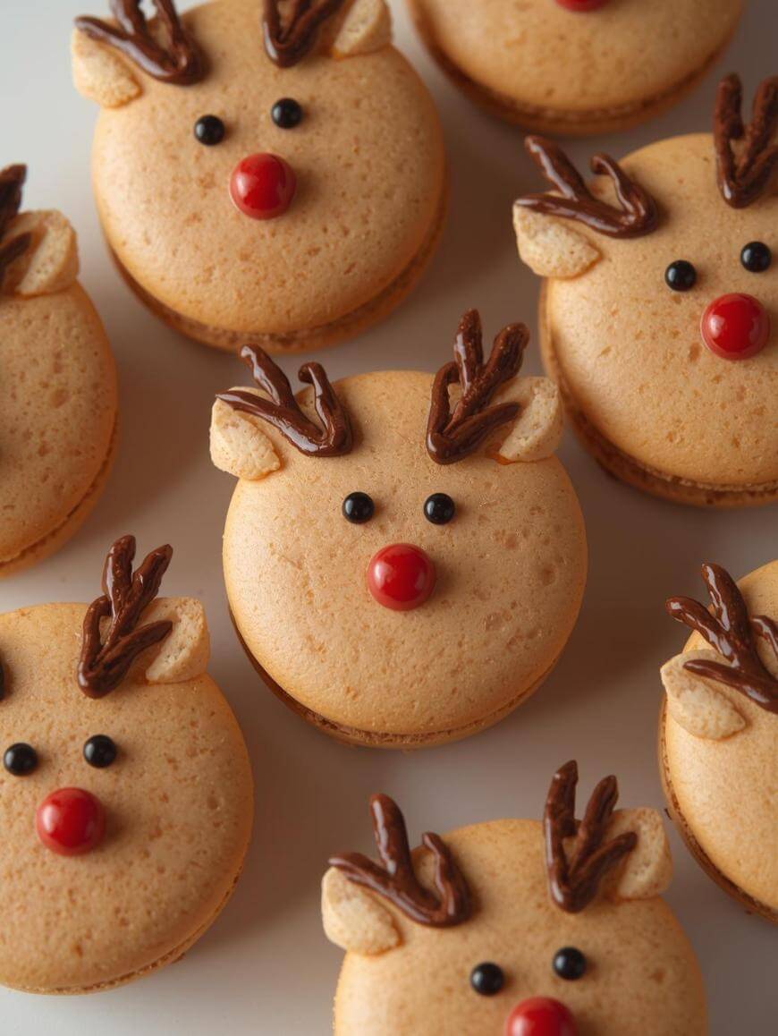 Round macarons decorated as reindeer, with chocolate antlers, candy eyes, and red noses arranged on a white surface.