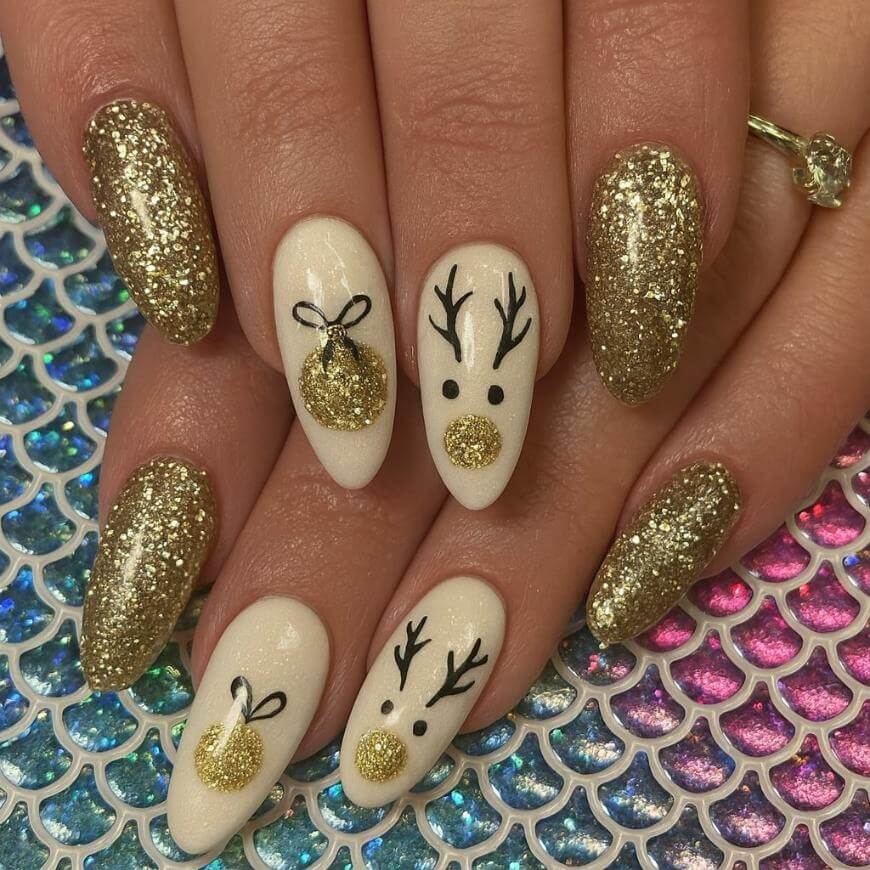 Hands with almond-shaped nails; some are painted white with gold glitter reindeer and ornament designs, while others are fully covered in gold glitter. The hands rest on a shimmery, multicolored, scale-patterned background.