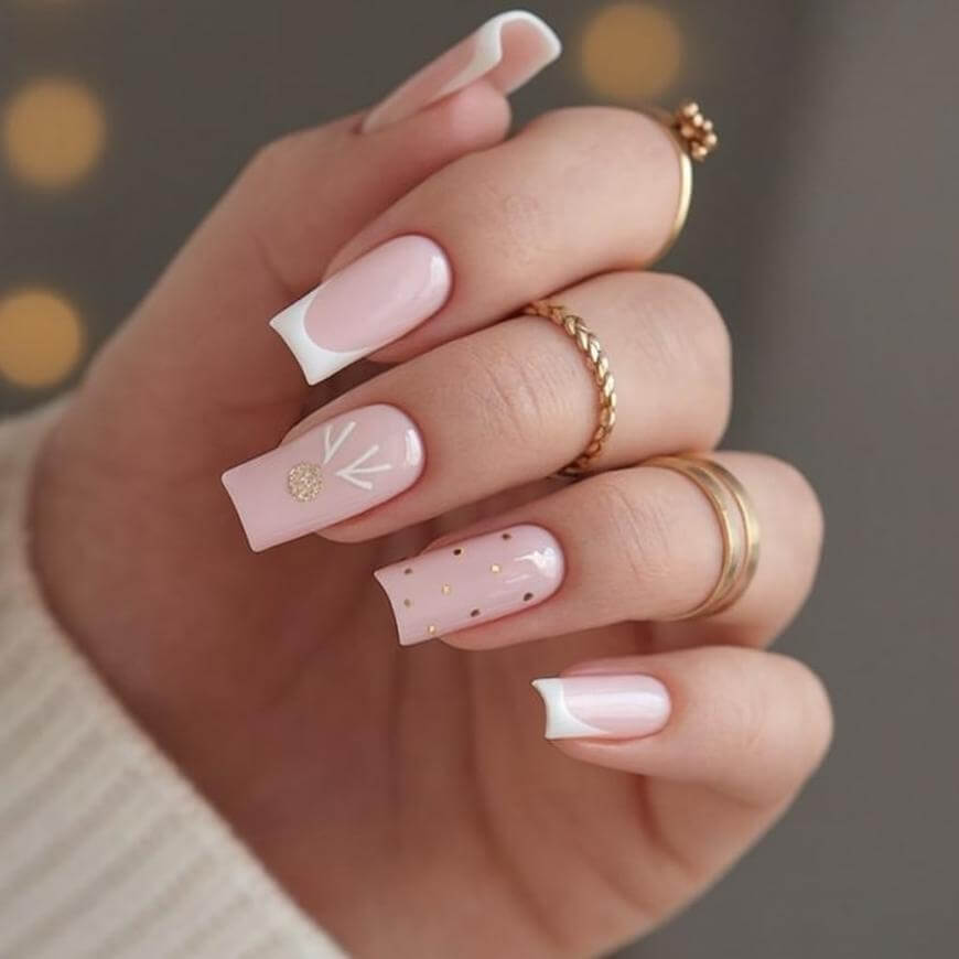 A hand with long, square-shaped nails painted in pale pink polish. The nails feature white French tips, gold dots, and a delicate leaf-like design with a gold accent. The hand is adorned with gold rings.