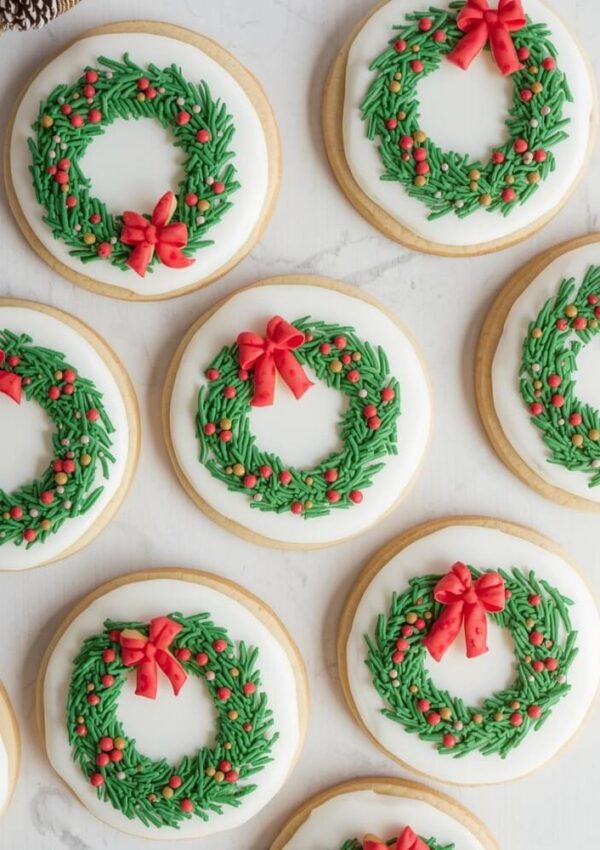Round cookies decorated with green icing wreaths and red bows, arranged neatly on a white surface. The wreaths have small red dots to resemble berries.