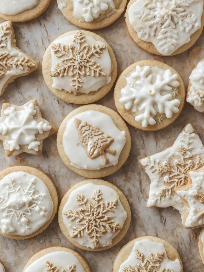 Assorted sugar cookies decorated with white and beige icing in shapes of snowflakes, stars, and Christmas trees, arranged on a light marble surface.