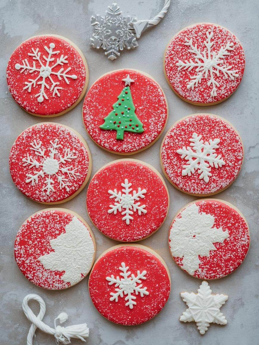 Nine round cookies with red icing and white snowflake or tree designs are arranged in a grid. Powdered sugar is sprinkled on top. Decorative white and silver snowflake ornaments are nearby.