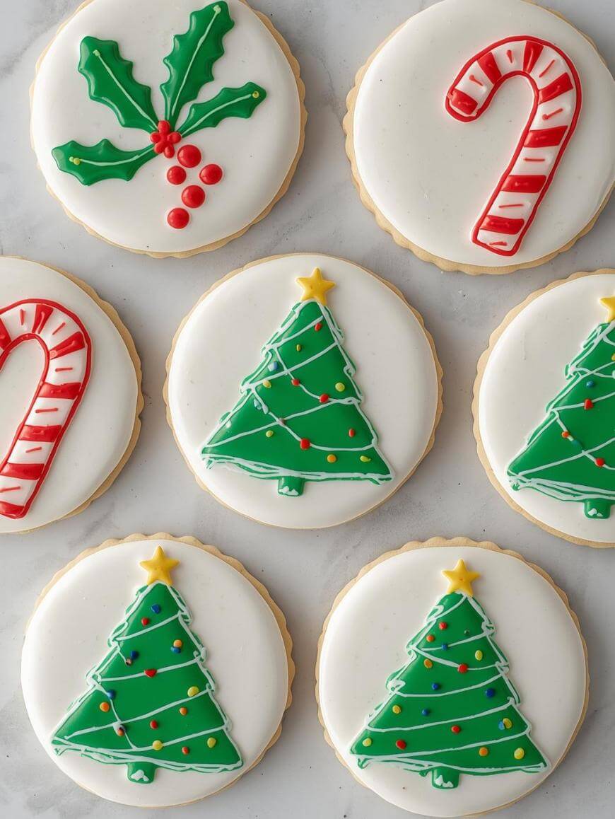 Seven round sugar cookies with white icing, decorated with festive designs: Christmas trees with colorful sprinkles, red and white candy canes, and holly with red berries. The cookies are arranged on a light surface.