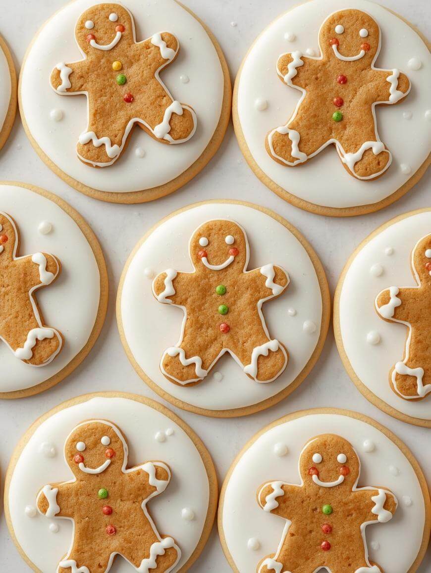 Round cookies decorated with white icing, each topped with a gingerbread man outlined in white with a smiling face and colorful buttons. The cookies are arranged closely together on a light surface.