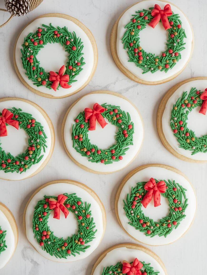 Round sugar cookies decorated with white icing and topped with green icing wreaths and red bows, arranged on a light surface.