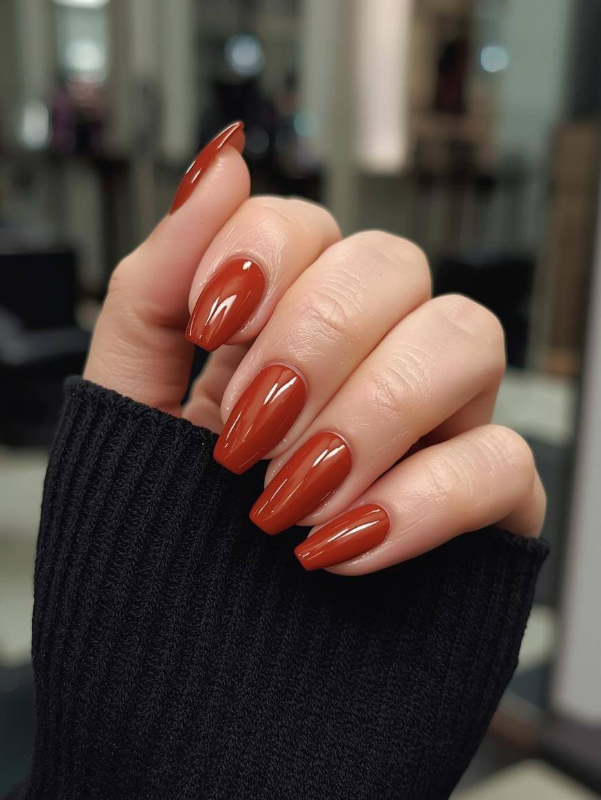 A hand with long, almond-shaped nails painted in glossy, dark red polish, partially wrapped in a black ribbed sweater, shown in a blurred indoor setting.