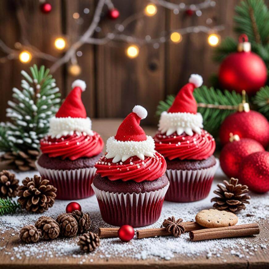 Three festive cupcakes with red frosting and Santa hat decorations are surrounded by pine cones, cinnamon sticks, cookies, red ornaments, and pine branches, with fairy lights and Christmas decorations in the background.
