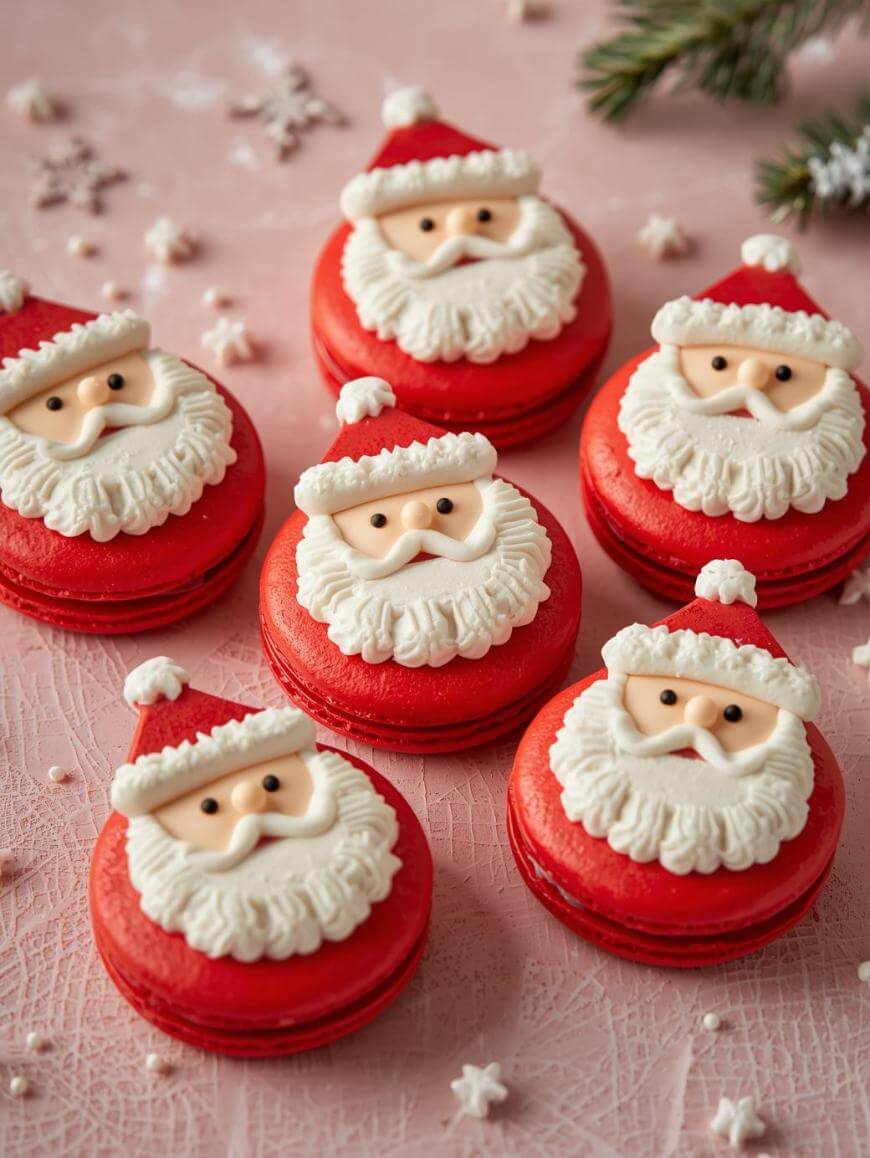 Six red macarons decorated with Santa Claus faces, featuring white beards, pink faces, and red hats, are arranged on a pink textured surface with small decorative stars and sprigs of greenery.