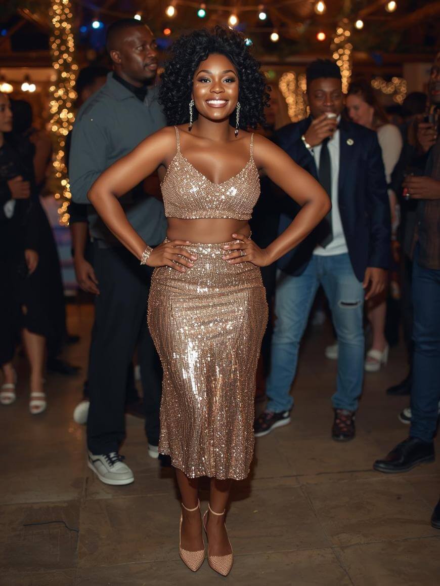 A smiling woman in a sparkly gold crop top and matching skirt poses at an indoor party, surrounded by people dressed in semi-formal attire with string lights in the background.